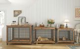 Furniture Style Dog Crate Side Table on Wheels with Double Doors and Lift Top. Rustic Brown, 43.7'' W x 30'' D x 31.1'' H.